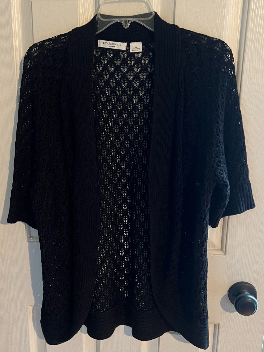 Liz Claiborne Woman Black Crochet Knit Open Front Cardigan Sweater 1X